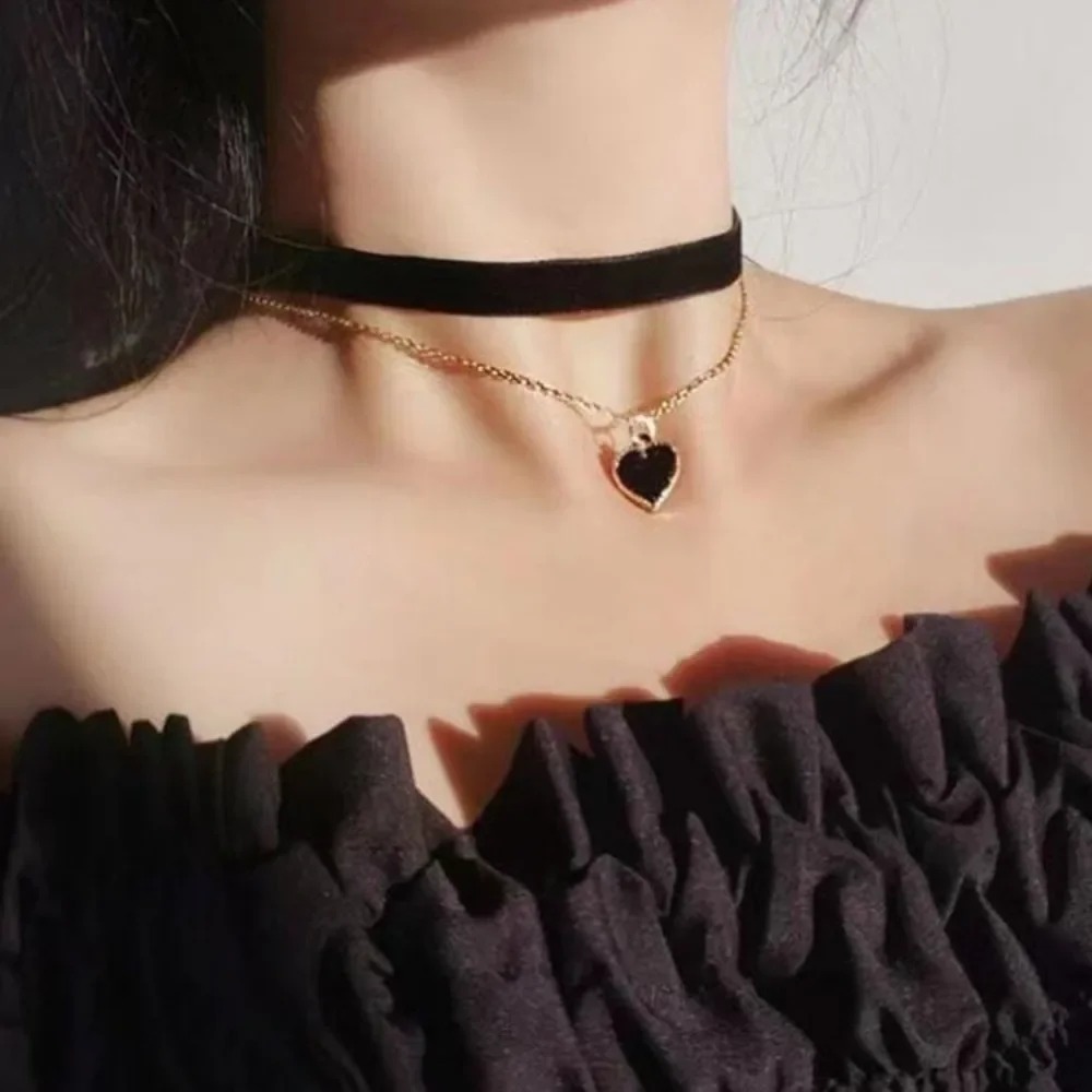 Multi Layer Black Peach Heart  - Layered Pendant Necklace Aesthetic review and price